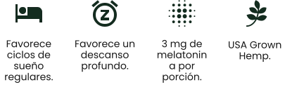 USA Grown  Hemp. Favorece ciclos de sueño regulares.  Favorece un descanso profundo.  3 mg de melatonina por porción.
