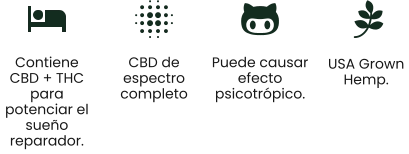 Contiene CBD + THC para potenciar el sueño reparador. CBD de espectro completo Puede causar efecto psicotrópico. USA Grown  Hemp.