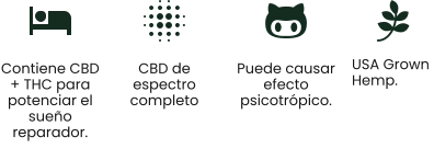 USA Grown  Hemp. Contiene CBD + THC para potenciar el sueño reparador.  CBD de espectro completo  Puede causar efecto psicotrópico.