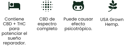 Contiene CBD + THC para potenciar el sueño reparador. CBD de espectro completo Puede causar efecto psicotrópico. USA Grown  Hemp.