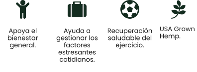 USA Grown  Hemp. Apoya el bienestar general.  Ayuda a gestionar los factores estresantes cotidianos.  Recuperación saludable del ejercicio.