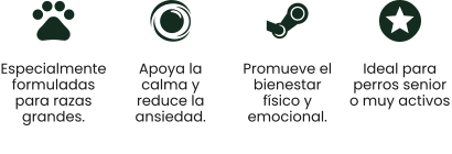 Especialmente formuladas para razas grandes.  Apoya la calma y reduce la ansiedad.  Promueve el bienestar físico y emocional. Ideal para perros senior o muy activos